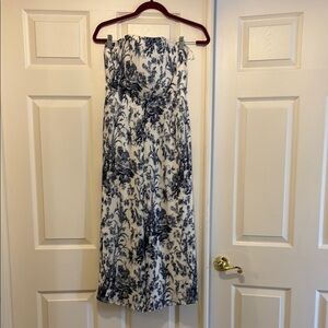 Club Monaco Strapless Wide Leg Jumpsuit in Blue and White